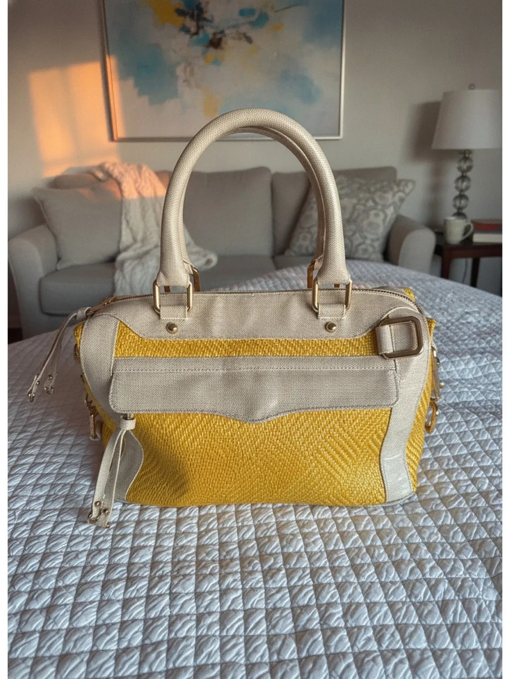 Rebecca Minkoff Yellow Woven Straw and Beige Leather Satchel Handbag
